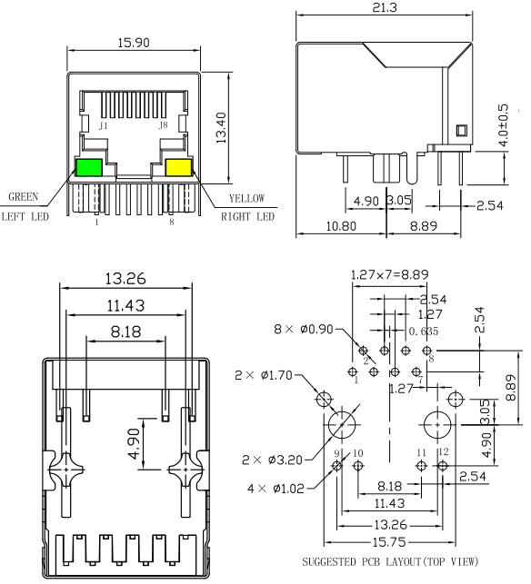 Lan van HR911105A HanRun RJ45 Schakelaar, 8P8C 10/100BT Vrouwelijke Jack Microduino Port