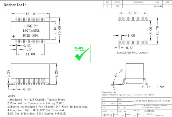 QT24A154P 2.5G basis-T PoE+ Lan Magnetic Modules LP72485NL